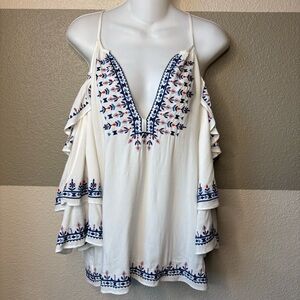 Parker Women’s Medium Off the Shoulder Tiered Ruffle Sleeve Embroidered Blouse